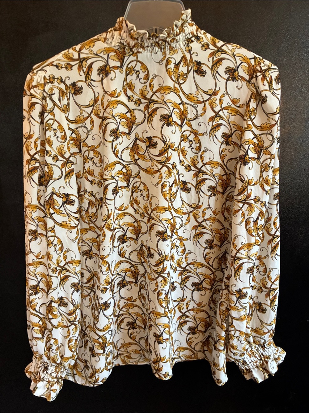 Worthington White Blouse with Gold and Black Scroll Print